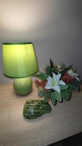 una lampada verde seduta sopra un tavolo con fiori di Limonádé Apartman a Gárdony