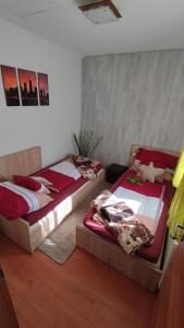 2 Betten nebeneinander in einem Zimmer in der Unterkunft Limonádé Apartman in Gárdony