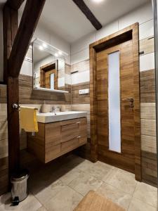 uma casa de banho com um lavatório e um espelho em apartmán Crystalindo em Smržovka