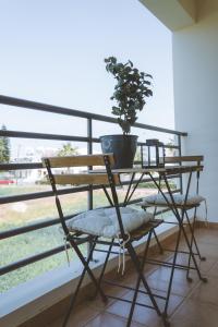 uma planta sentada numa mesa numa varanda em Blue Touch Pervolia Paradise Near The Beach em Lárnaca