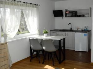 a kitchen with a table and chairs and a window at U Reginy in Jastrzębia Góra
