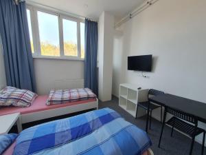 Habitación con 2 camas, escritorio y TV. en Akdeniz Pension en Ludwigsfelde