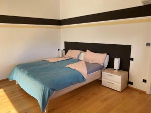 1 dormitorio con 1 cama con sábanas azules y almohadas rosas en Villa am Red Bull Ring, en Knittelfeld