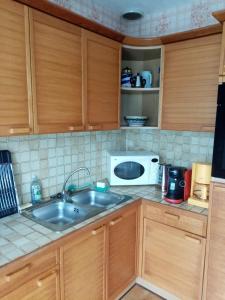 eine Küche mit einer Spüle und einer Mikrowelle in der Unterkunft Trouz Ar Mor in Penmarcʼh