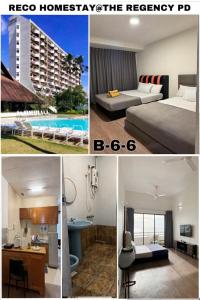 un collage de quatre photos d'une chambre d'hôtel dans l'établissement Reco Homestay@ The Regency Tanjung Tuan Beach Resort Port Dickson Tepi Pantai, à Port Dickson