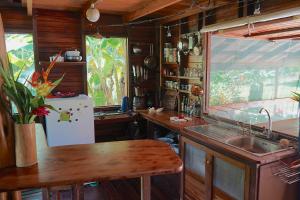 a kitchen with a sink and a refrigerator at Chalet at the river's edge in Dos Brazos