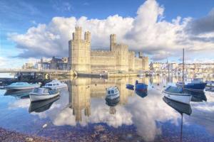 a group of boats in a harbor with a castle at Pass the Keys Apartment 2 Old Conservative Club in Historic Town in Caernarfon