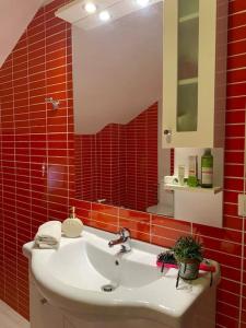 łazienka z umywalką, lustrem i czerwonymi kafelkami w obiekcie Natalia's House Surrel Villa w Tiranie