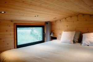 a bed in a wooden room with a window at Berta Tiny house in Verlaine