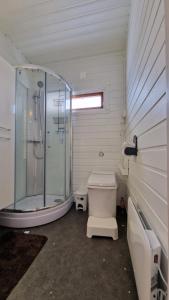 une salle de bain blanche avec douche et toilettes dans l'établissement Cosy cabin in North-Norway, Nearby Senja., à Sorreisa 39 autres photos