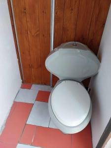 a bathroom with a white toilet in a room at Houni House in Agriovótanon