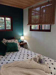 um quarto com uma cama e duas janelas em La Casita Verde em Boquete