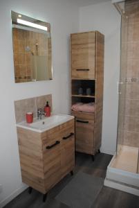 een badkamer met een wastafel en een douche bij Appartement cosy au deuxième étage in Malaucène