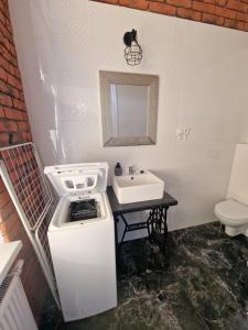 a white bathroom with a sink and a toilet at Apartamenty Zakonne "Apartament Komtura" in Malbork