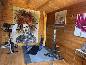 una habitación con un gimnasio con una pintura en la pared en Chambre SEVILLE - Mas Saint-Louis en Aigues-Mortes