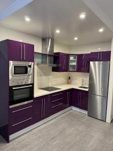 コラレホにあるApartamento Corralejoのキッチン(紫色のキャビネット、ステンレス製の冷蔵庫付)