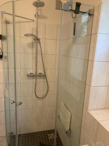 a bathroom with a shower with a glass door at Ganzes Haus in der Altstadt, ideal für 2 Personen, 4 Gäste möglich in Quakenbrück