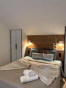 ein Schlafzimmer mit einem großen Bett mit zwei Handtüchern darauf in der Unterkunft Maison Paray- Orly- Parking Privé in Paray-Vieille-Poste