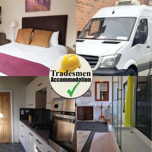 eine Collage mit zwei Bildern von einem Schlafzimmer und einem weißen Van in der Unterkunft Stay Norwich Apartments Trade Stay House in Norwich