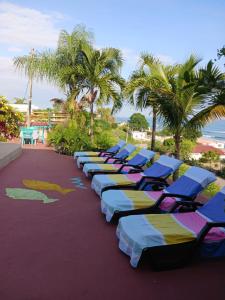 a row of chaise lounge chairs on a beach at Relax en Aguaclara, su Castillo de Arena soñado! in Ballenita