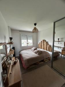 ein Schlafzimmer mit einem Bett und einem großen Spiegel in der Unterkunft Zen in Caen