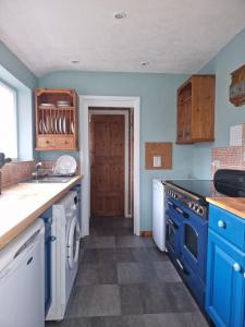 cocina azul con fregadero y lavavajillas en Station Cottage en Haddiscoe