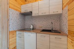 a kitchen with wooden cabinets and a sink at Domek 5 osobowy in Stegna
