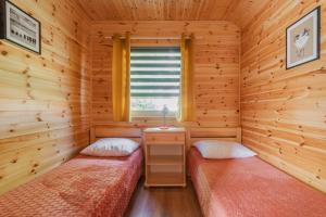 two beds in a log cabin with a window at Domek 5 osobowy in Stegna