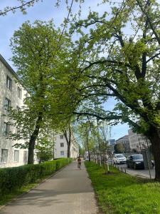 une personne fait du vélo dans une rue dans l'établissement Joli Apartment, à Varsovie