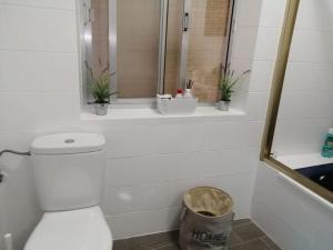 La salle de bains est pourvue de toilettes et d'une fenêtre ornée de plantes. dans l'établissement Sobre la villa 12, à Neda