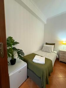 a small bedroom with a bed and a potted plant at Casa de Praia em Almograve - Quarto trilho dos Pescadores in Odemira