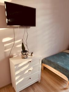 1 dormitorio con vestidor y TV en la pared en Serbian House, en Timisoara