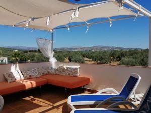 洛哈的住宿－Finca Los Jacaros，庭院配有椅子、沙发和遮阳伞。