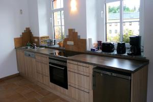 a kitchen with a sink and a counter top at Pension und Ferienwohnung am Teich in Schleiz