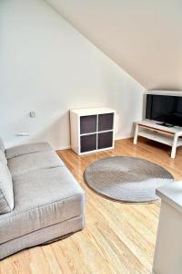 - un salon avec un canapé et une télévision dans l'établissement Jumet 242 A Bruxelles-Charleroi-airport, à Charleroi