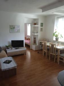 a living room with a television and a dining room at apartman.lara in Děčín