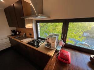 a kitchen with a counter and two large windows at Nad Lewiatanem in Chełmża