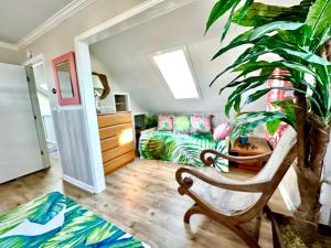 un salon avec une chaise et une plante dans l'établissement The Tiki House, à North Topsail Beach