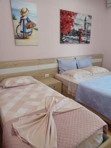 een kamer met 2 bedden en een schilderij aan de muur bij Apartment Eclipse in Sarandë
