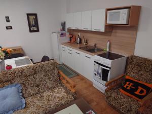 a living room with a couch and a kitchen at Apartmán Zukalka in Vítkovice