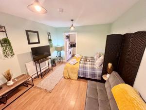 a living room with a couch and a tv at BOOT LANE STUDIO APARTMENT in Blaenavon