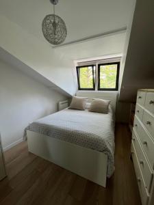 een slaapkamer met een bed en twee ramen bij Sweet Home LR in Le Raincy