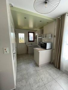 a kitchen with a sink and a microwave at Aux Alcôves du Spa in La Rothière