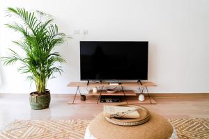 uma sala de estar com televisão e duas plantas em ophelia apartment em Roma