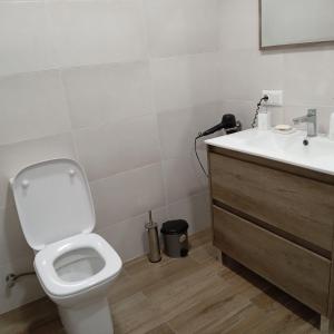 Un baño con un inodoro blanco y un lavabo. en Fligel in the garden, en Kutaisi