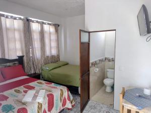 una piccola camera con letto e servizi igienici di Alojamiento San Juan a San Juan La Laguna