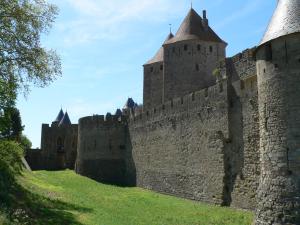 ein altes Schloss mit Türmen und einem Grasfeld in der Unterkunft La petite chambre du lac in Carcassonne