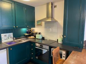 a kitchen with blue cabinets and a stove top oven at Flat G, 8 Castle Street in Ludlow