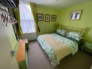 a green bedroom with a bed and a window at Flat G, 8 Castle Street in Ludlow