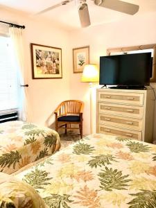 a bedroom with two beds and a flat screen tv at Poipu Crater 14 Peaceful Beach Retreat with AC in Koloa